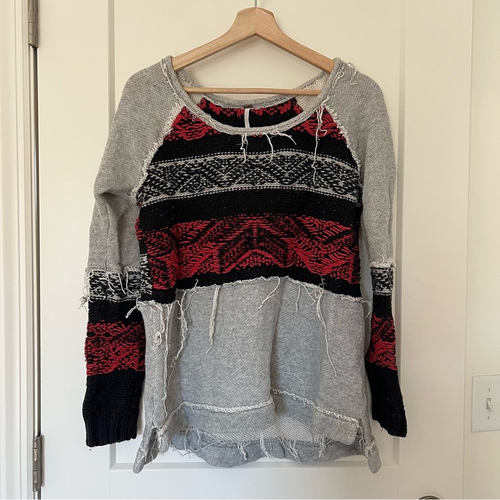 Free People Snow Angel Aztec Red, Black &‎ Gray Crochet Sweater Long Sleeve